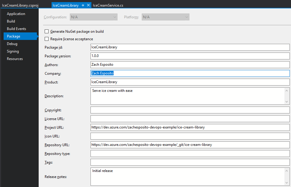 Ice cream package metadata