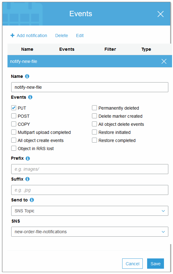 S3 event configuration screen